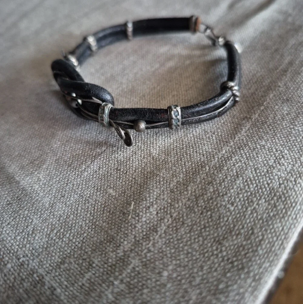 Black Leather and Silver Wire Wrap Unisex Bracelet